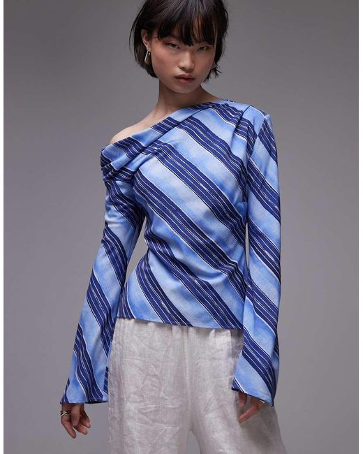 Mango Blue Off The Shoulder Long Sleeve Striped Top