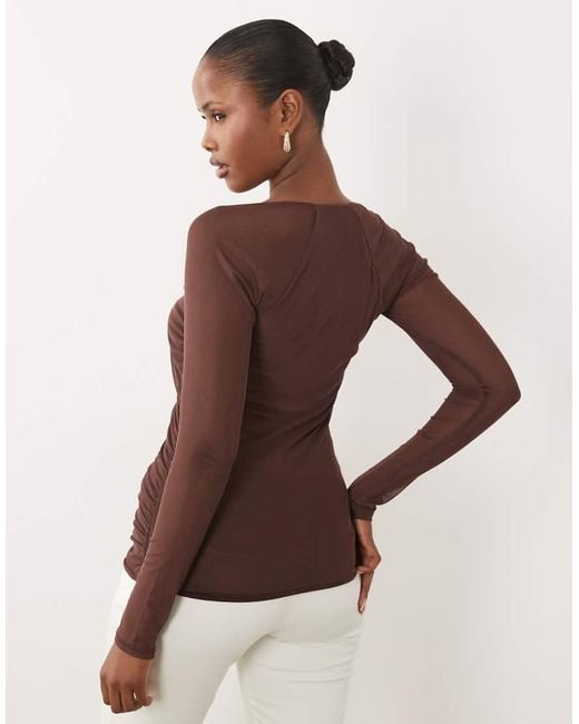 ASOS Brown Mesh Square Neck Ruched Top With Trim Bust Detail