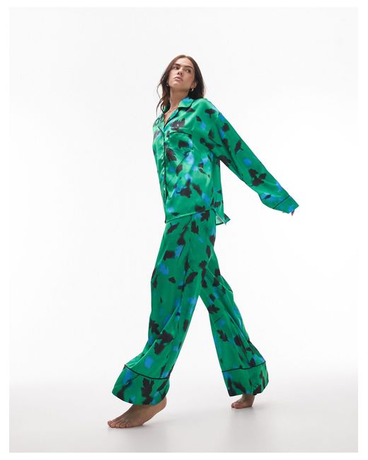 TOPSHOP Satin Blurred Floral Print Piped Shirt And Trouser Pyjama Set in  Green | Lyst