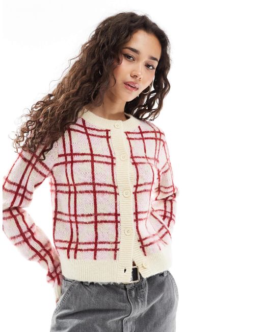 Miss Selfridge Pink Check Button Through Cardigan