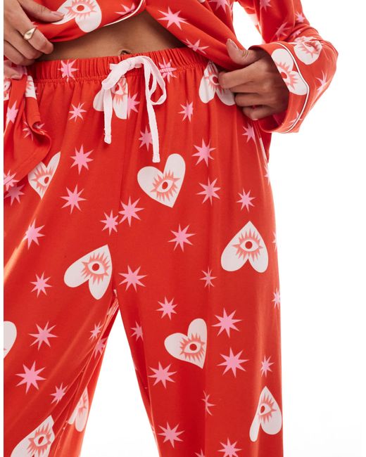 Loungeable Red Super Soft Jersey Revere Top And Wide Leg Pajama Set