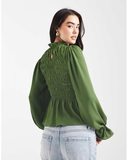 ASOS Green High Neck Long Sleeve Smocked Blouse