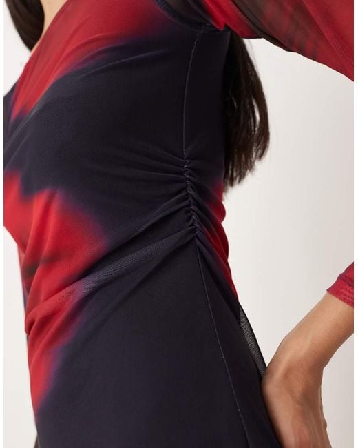 JJXX Red Mesh Long Sleeve Dress With Floral Print