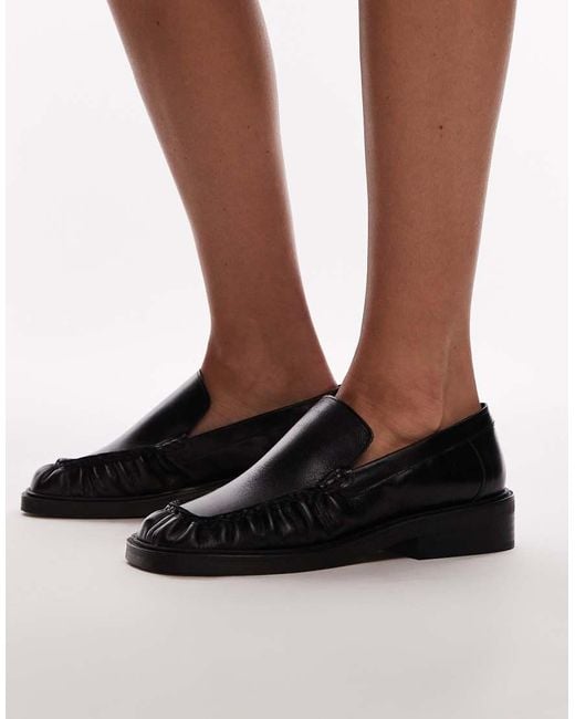 TOPSHOP Black Premium Clover Leather Loafers With Ruched Detail