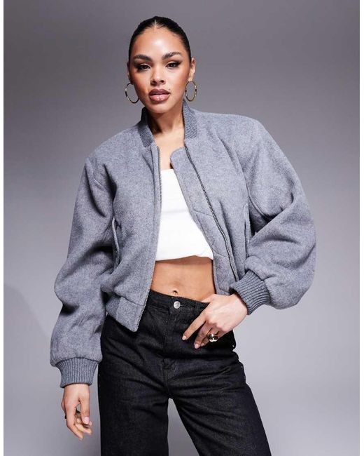 The Couture Club Gray Shoulder Pad Wool Blend Bomber Jacket