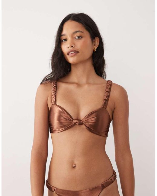 The Frolic Brown Exclusive Metallic Knot Front Bikini Top