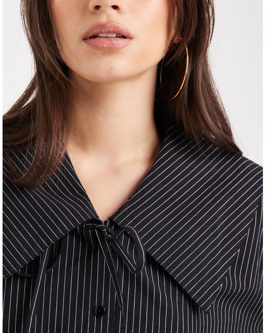 Wednesday's Girl Black Collar Detail Pinstripe Oversized Blouse