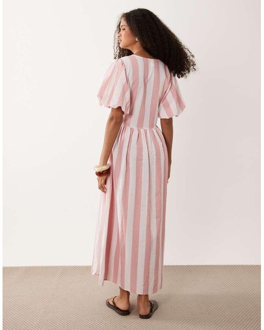 Y.A.S Pink Puff Sleeve Wrap Front Full Skirted Midi Dress