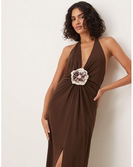 Mango Brown Premium Halterneck Sequin Floral Detail Maxi Dress