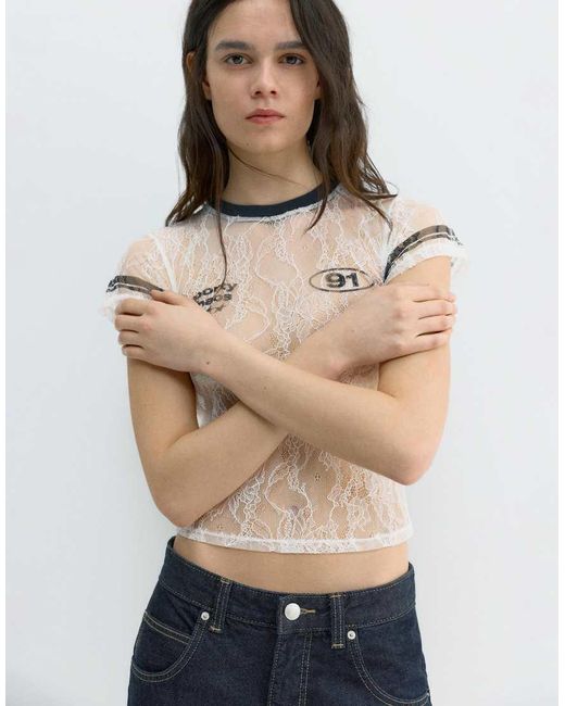 Pull&Bear White Lace Football T-shirt