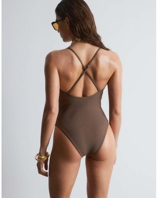 & Other Stories Brown Plunge Swimsuit With Cross Back