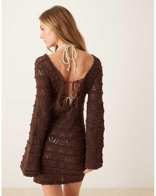ASOS Brown Knitted Open Stitch Mini Dress With Flared Sleeve