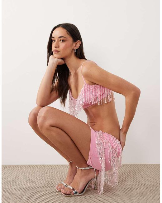 Oh Polly Pink Scoop Neck Embellished Bralette Co-Ord