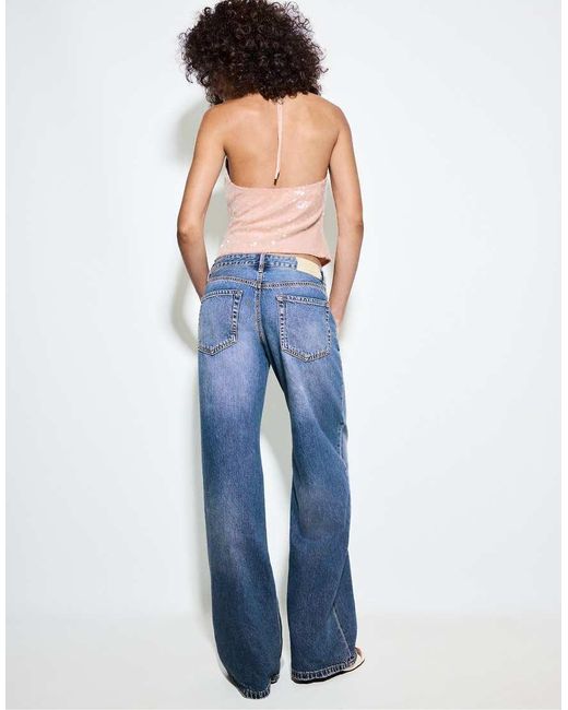 Stradivarius Blue Petite D91 Low-Rise Wide-Leg Jeans