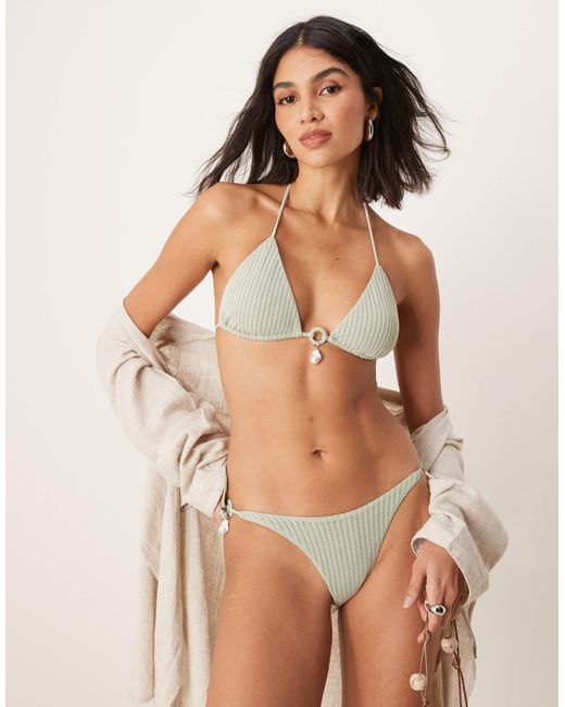 ASOS Blue Kai Textured Tie Side Bikini Bottom With Pearl Trim