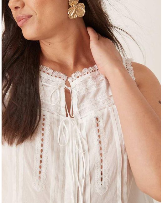 ASOS White Asos Design Curve Sleeveless Lace Trim Top With Ribbon Tie Detail