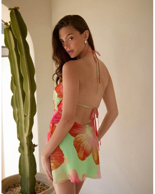 The Frolic Multicolor Exclusive Chiffon Gold Hardware Open Cowl Detail Ruched Mini Dress