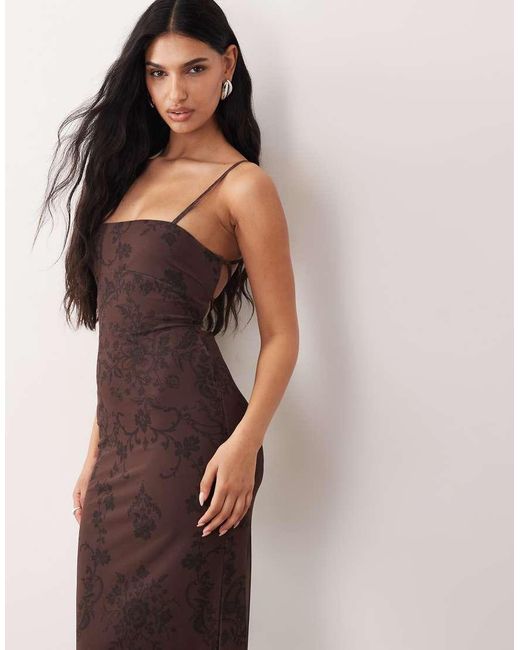 ASOS Natural Printed Mesh Strappy Midi Dress