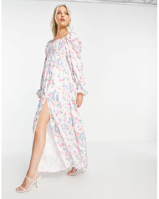 In The Style Multicolor X Elle Darby Volume Sleeve Shirred Bust Detail Maxi Dress With Thigh Split