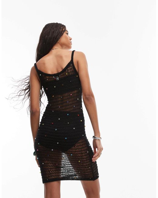 TOPSHOP Black – weitmaschiges strick-minikleid mit bunten perlen