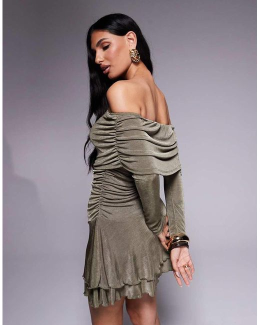 Aria Cove Gray Textured Slinky Deep Bardot Ruffle Hem Mini Dress