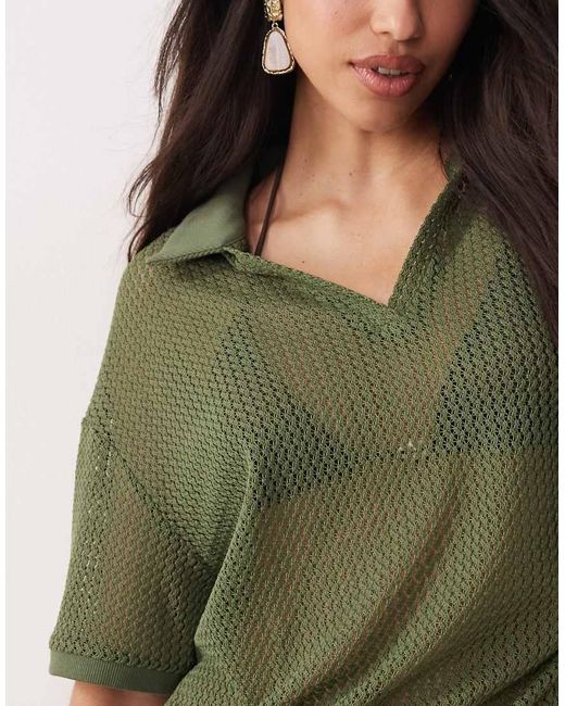 Kaiia Green Exclusive Crochet Collar Detail Oversized Polo Top Co-ord