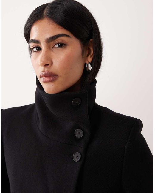 Mango Black Wool Mix Tailored Funnel Neck Coat