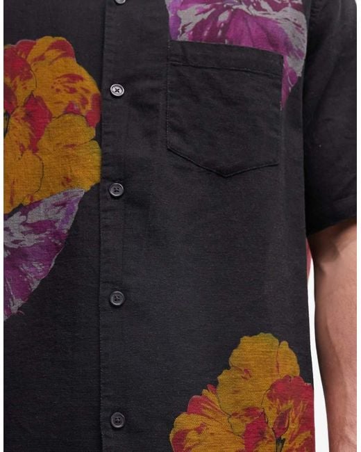 AllSaints Black Nouvelle Short Sleeve Linen Blend Floral Shirt for men