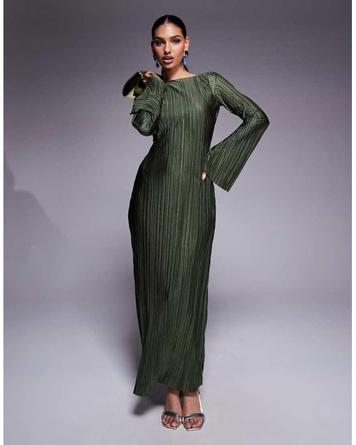 ASOS Plissé Maxi Jurk Met Lage Rug En Lange Wijde Mouwen in het Green