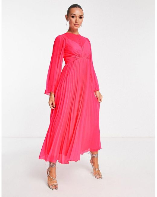 ASOS Pink Tie Back Fluted Sleeve Pleated Midi Dress