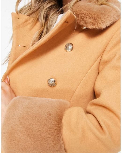 Dolly - manteau à col et bordures en fausse fourrure - fauve Miss Selfridge en coloris White