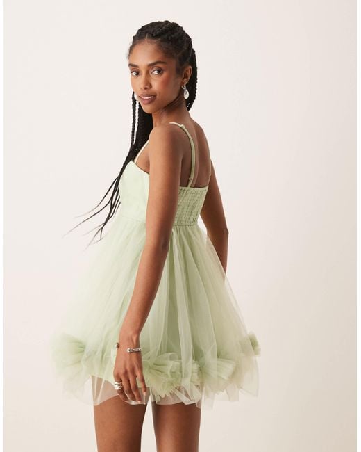 LACE & BEADS Bubble Hem Babydoll Tulle Mini Dress in Green | Lyst Canada