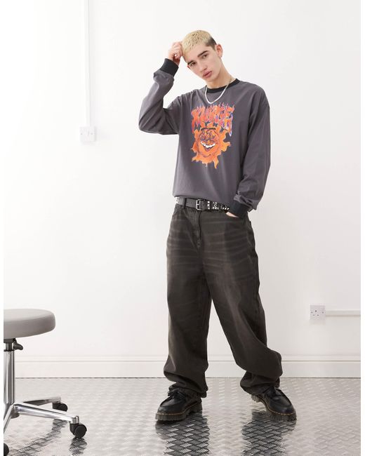 T-shirt à manches longues avec motif enflammé - anthracite Xlarge pour homme en coloris Blue