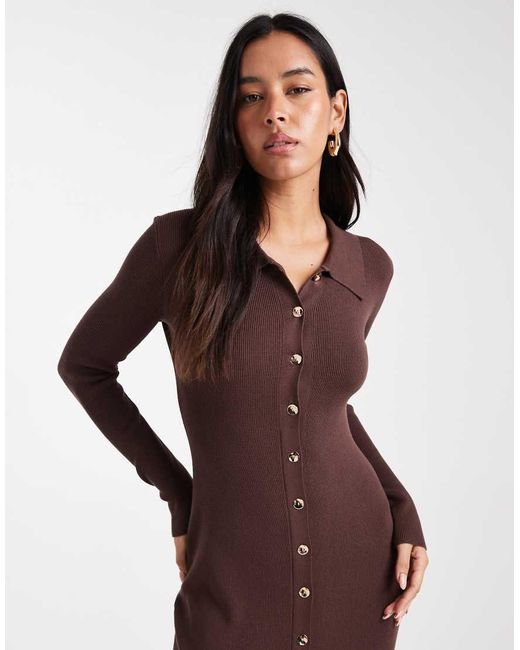 4th & Reckless Brown Rib Knit Gold-tone Button Up Collared Maxi Dress