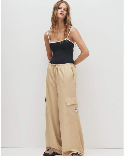 Pull&Bear Natural Technical Balloon Fit Cargo Trousers