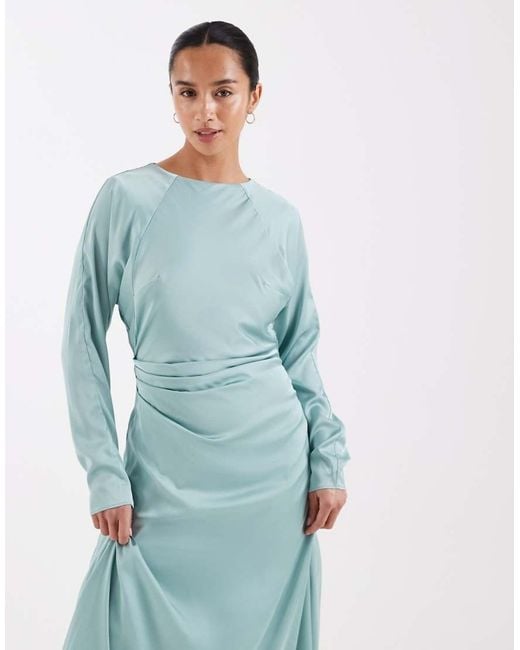 TFNC London Blue Bridesmaids Long Sleeve Satin Maxi Dress