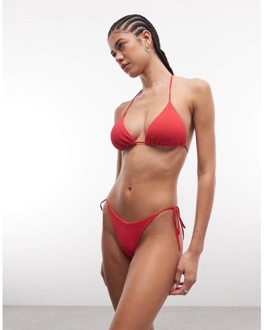Monki Red Mix And Match Crinkle Tie Up Triangle Bikini Top