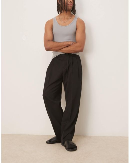 ASOS Natural Smart Wide Leg Trousers With Thin Belt And Double Pleats for men