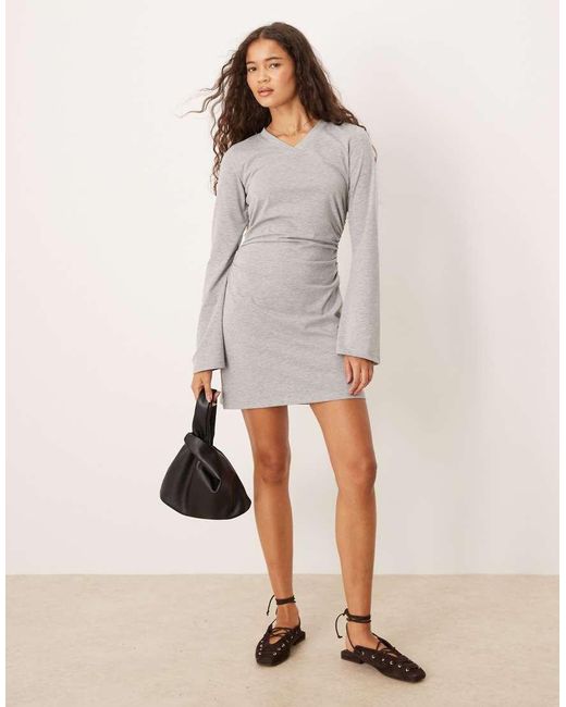 ASOS Gray High V Neck Cinched Side Flare Sleeves Mini Dress