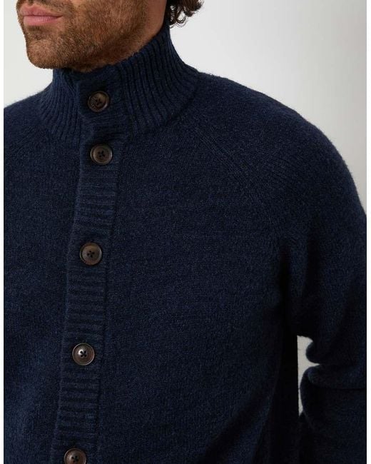 Threadbare Blue Funnel Neck Button Up Knitted Cardigan With Wool for men