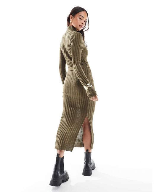 Brave Soul Green Knit Ribbed Turtleneck Midi Dress With Tie Belt