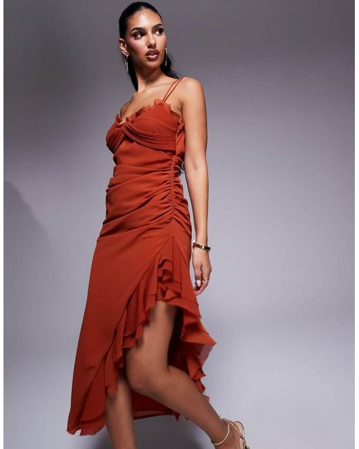 ASOS Red Draped Crinkle Maxi Dress With Ruffles And Strappy Details