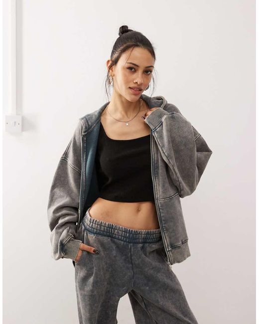 Weekday Oversized Hoodie Van Co-Ord Set Met Ritssluiting En Acid Wash in het Gray