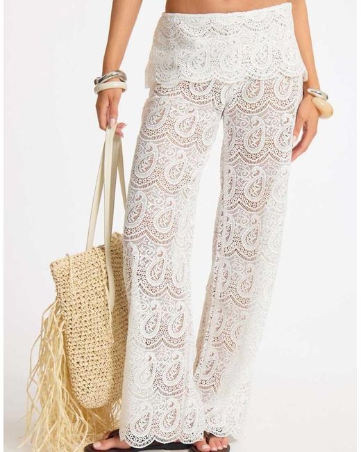 Missy Empire White Paisley Crochet Fold Over Straight Leg Trouser