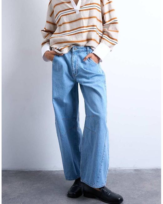 TOPSHOP Blue Mid Rise Side Panel Barrel Jean