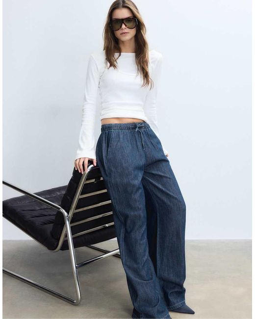 Stradivarius Blue Flowy Denim Trousers With Drawstring