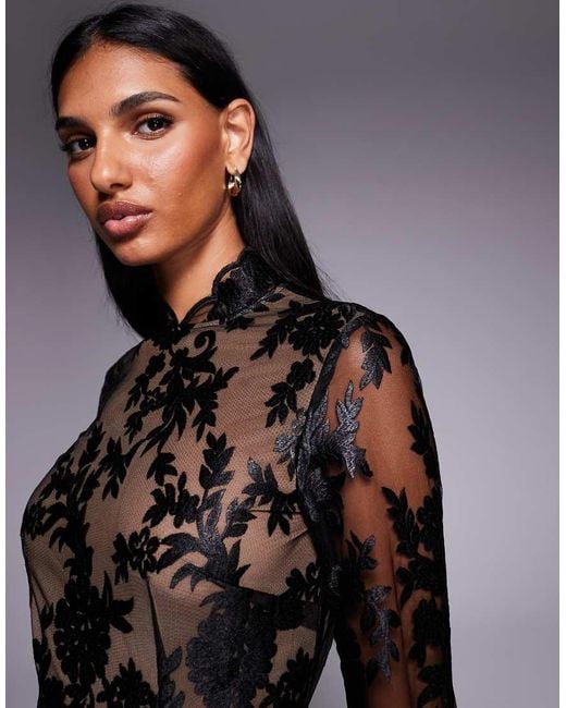 TFNC London Black Long Sleeve Flared Floral Lace Maxi Dress
