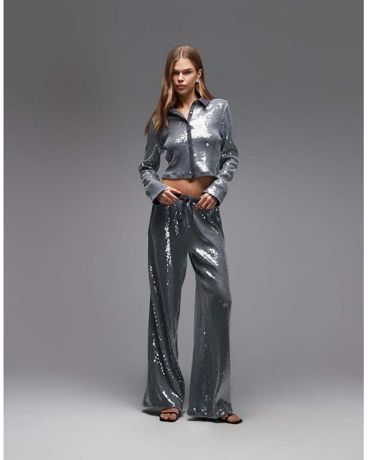 ASOS Gray Co-Ord Glass Sequin Shirt With Contrast Collar