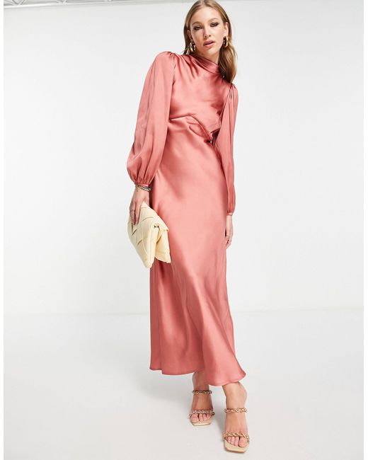 ASOS Cowl Neck Satin Tea Maxi Dress With Puff Sleeve in Pink | Lyst Canada