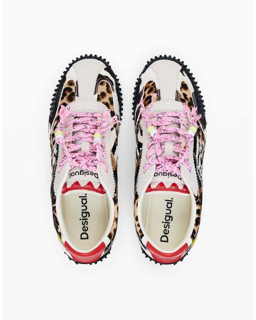 Desigual White Patchwork Animal Print Sneakers